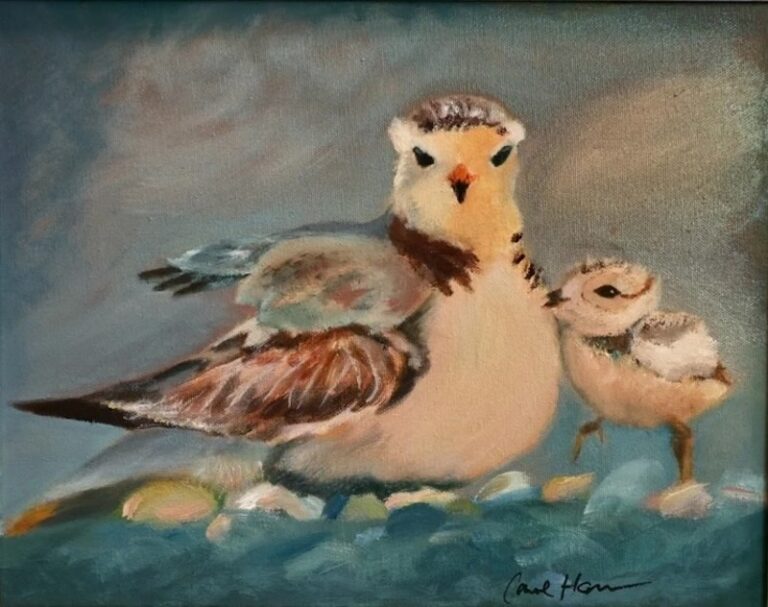 A painting of a bird with a chick next to it by Carol Hamilton.