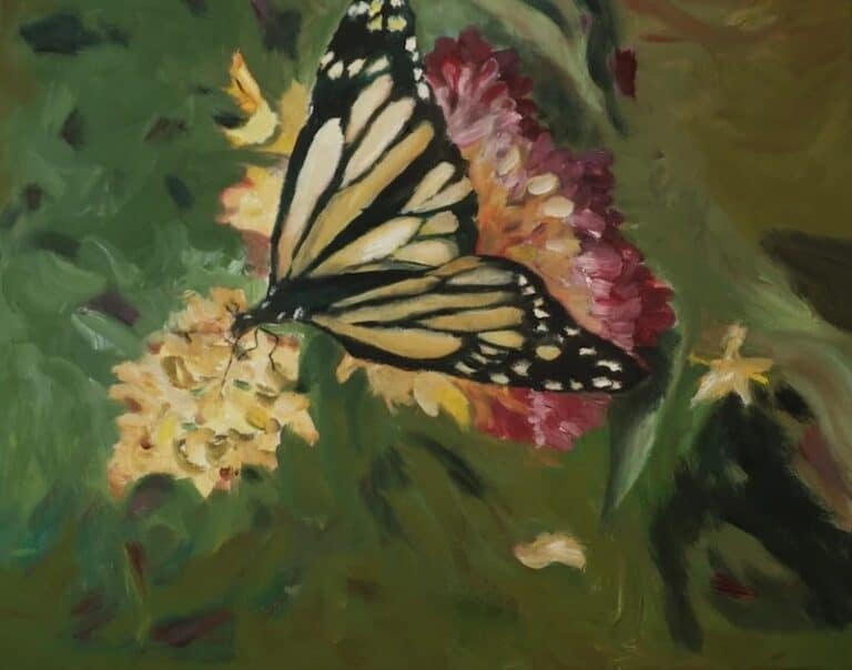 A painting of a butterfly on a flower by Carol Hamilton.